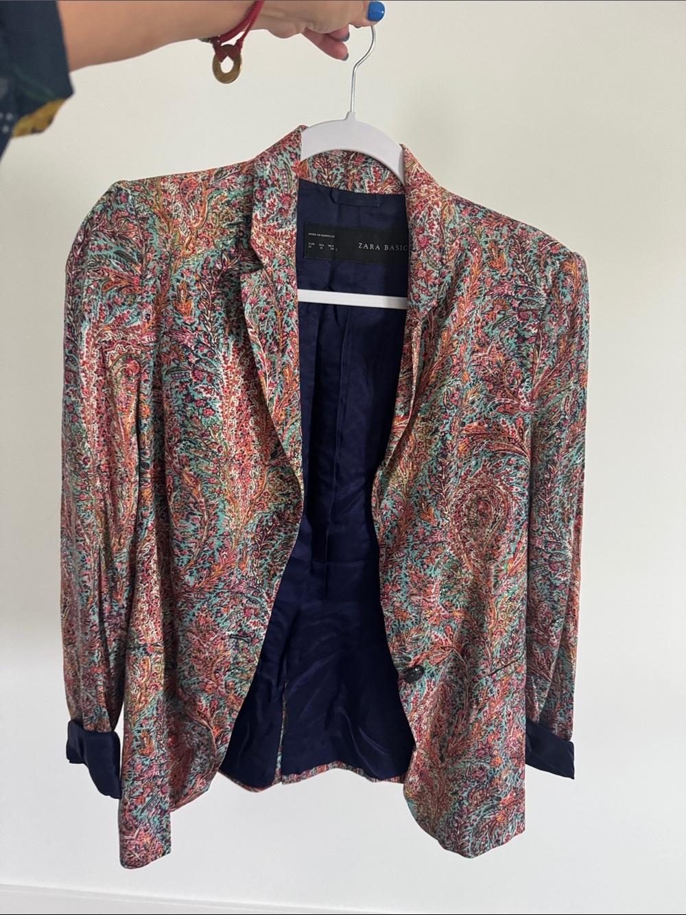 Zara Multi-Color Paisley Draped Blazer with Navy Lining